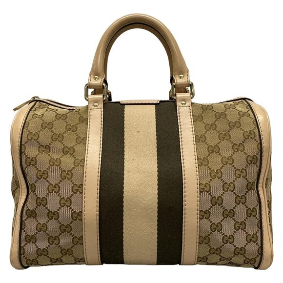 Auth GUCCI GG 247205 Dark Brown Beige Jacquard Leather Handbag - Picture 1 of 16